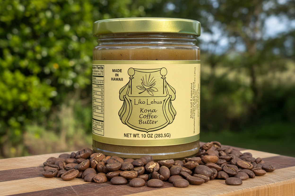 Jar of Liko Lehua Kona Coffee Butter with "Aloha Star" 100% Kona coffee beans in the background